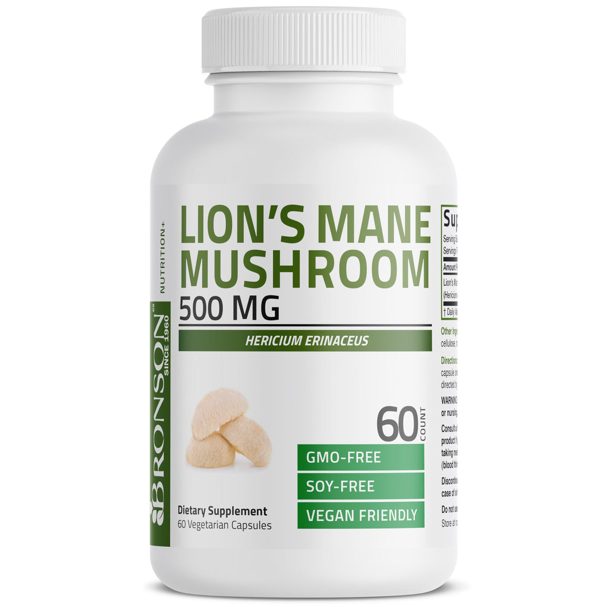Bronson Lion's Mane 500mg montrant l'étiquette et la taille