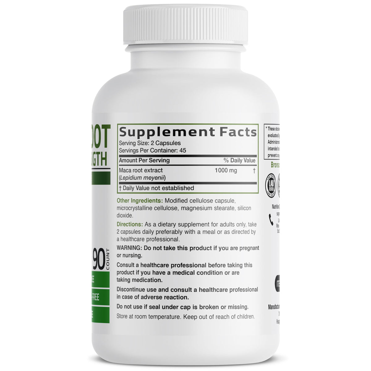 Bronson Maca Root 90 capsules vues de côté