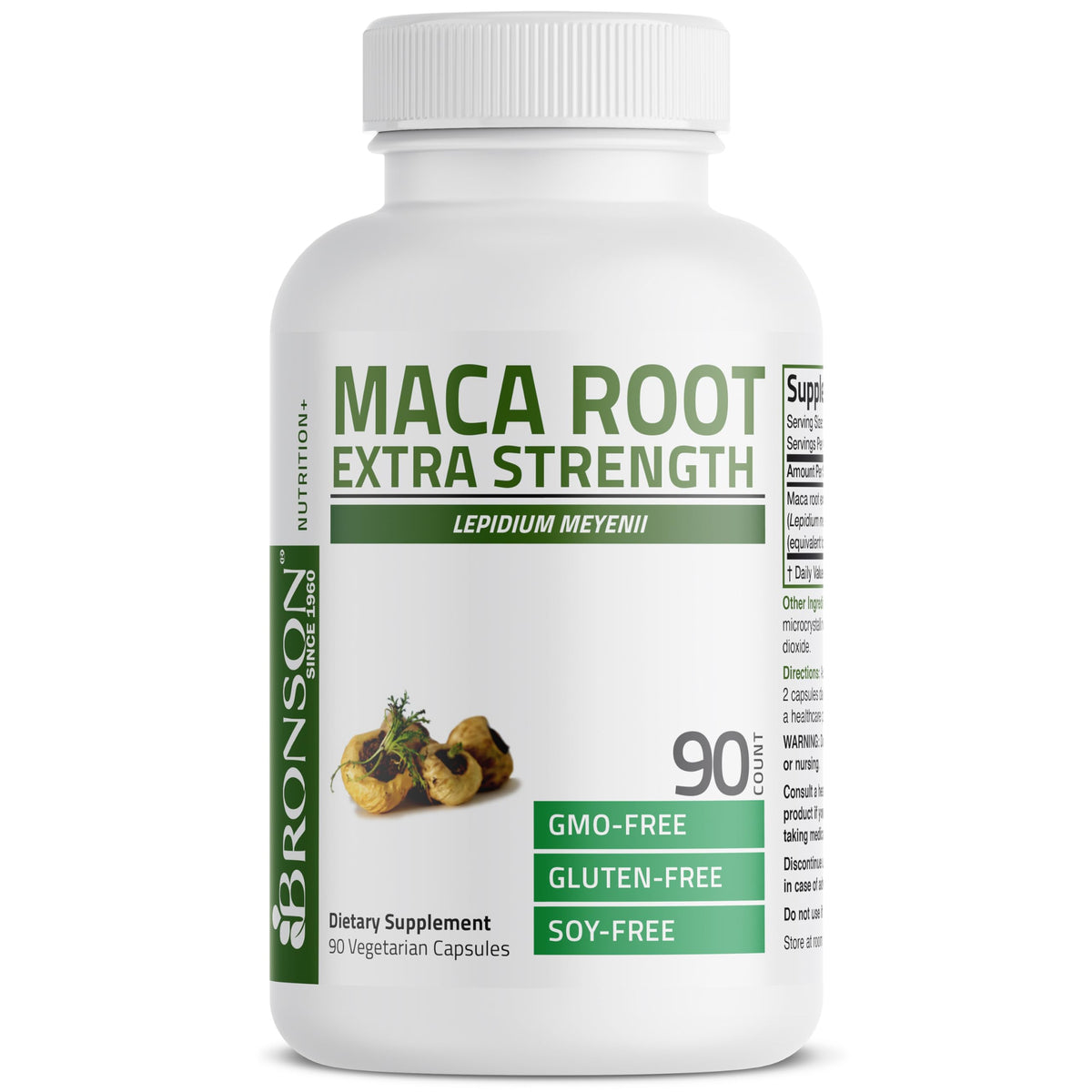 Bronson Maca Root capsules à côté d'un verre d'eau