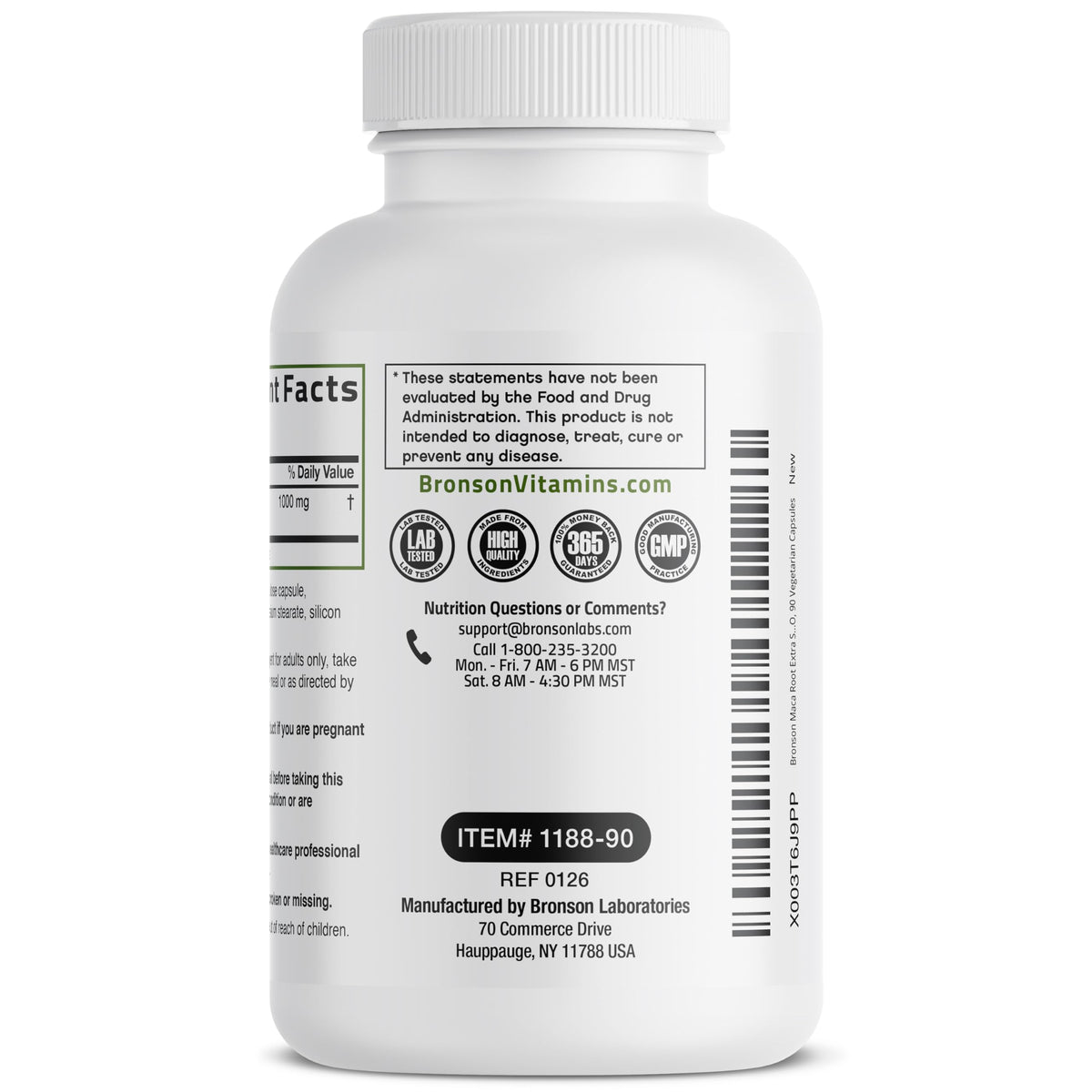 Bronson Maca Root capsules ouvertes montrant leur taille