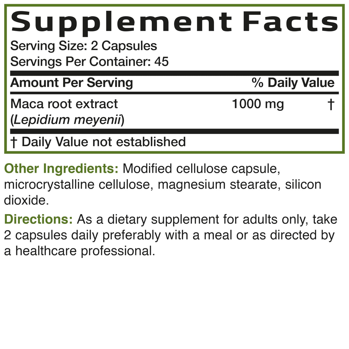 Bronson Maca Root emballage avec informations nutritionnelles