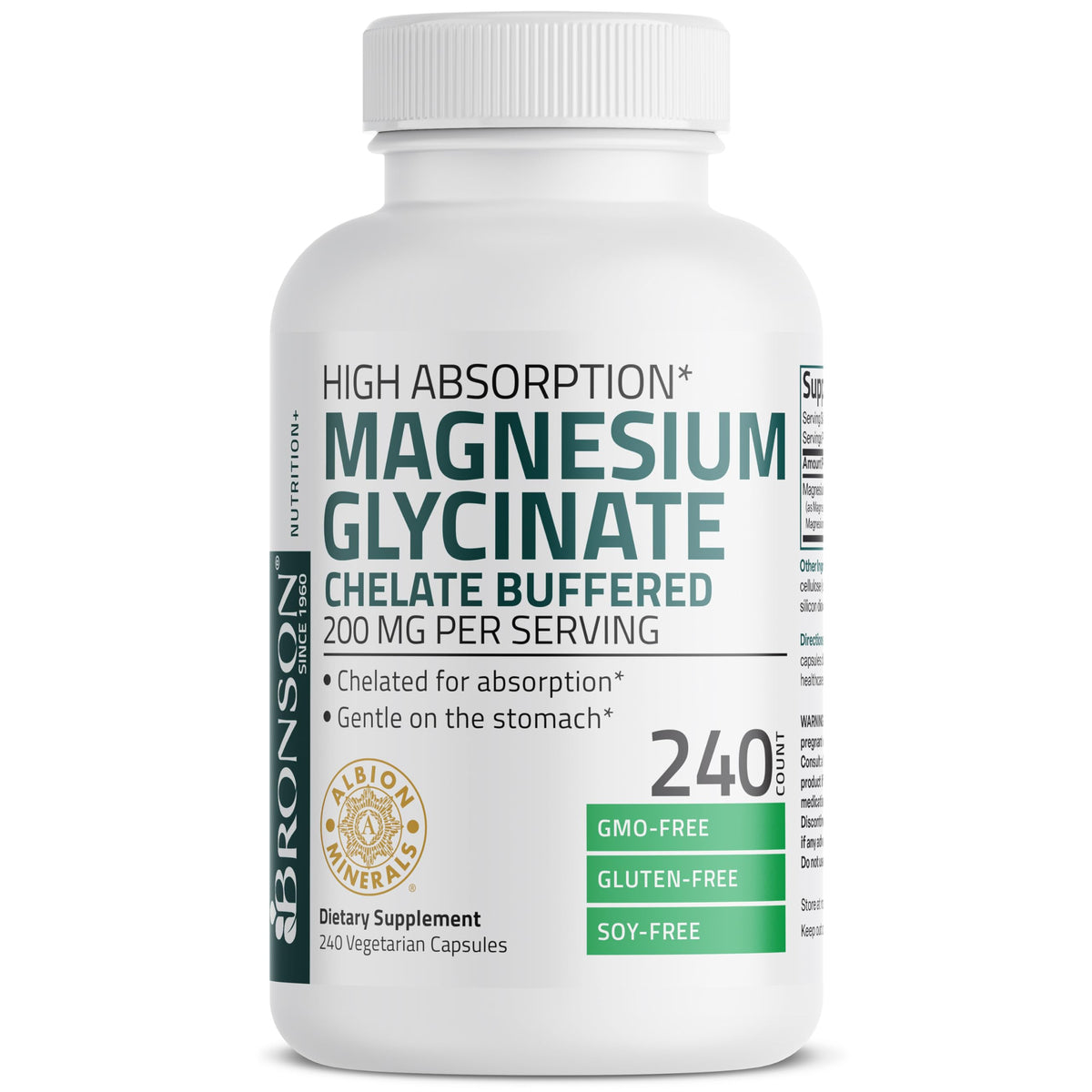 Bronson Magnésium Glycinate 200 MG 240 capsules en gros plan