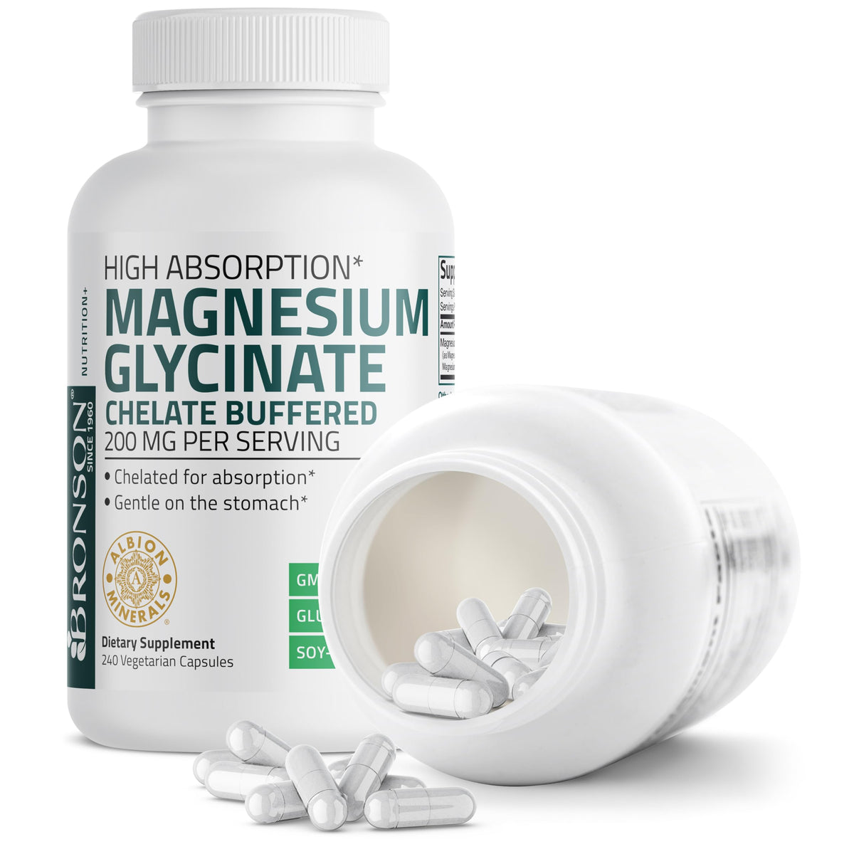 Bronson Magnésium Glycinate 200 MG 240 capsules ouvertes