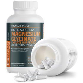 Bronson Magnésium Glycinate 200 mg - Capsules sur fond blanc