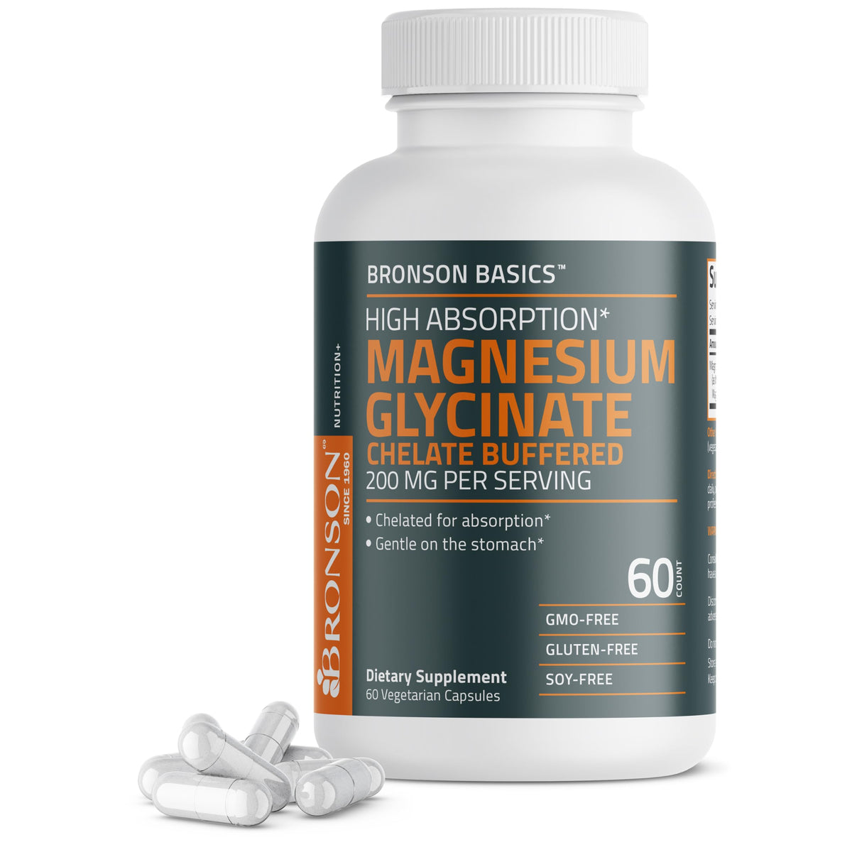 Bronson Magnésium Glycinate 200 mg capsules végétariennes, vue de face