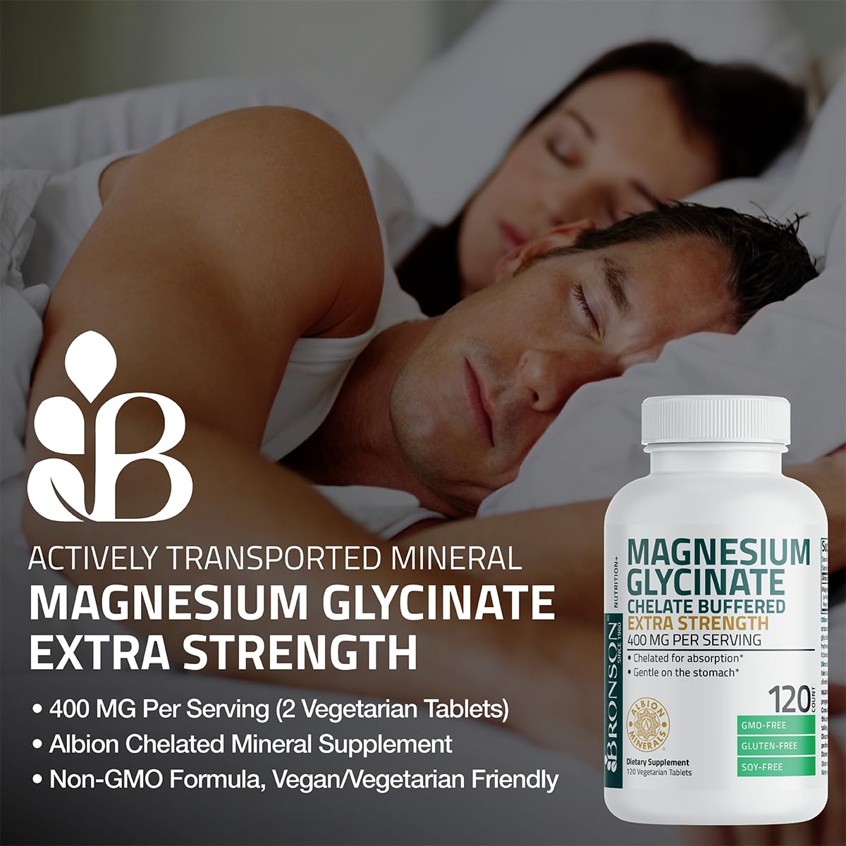 Bronson Magnésium Glycinate 400 mg comprimés à côté de l'emballage