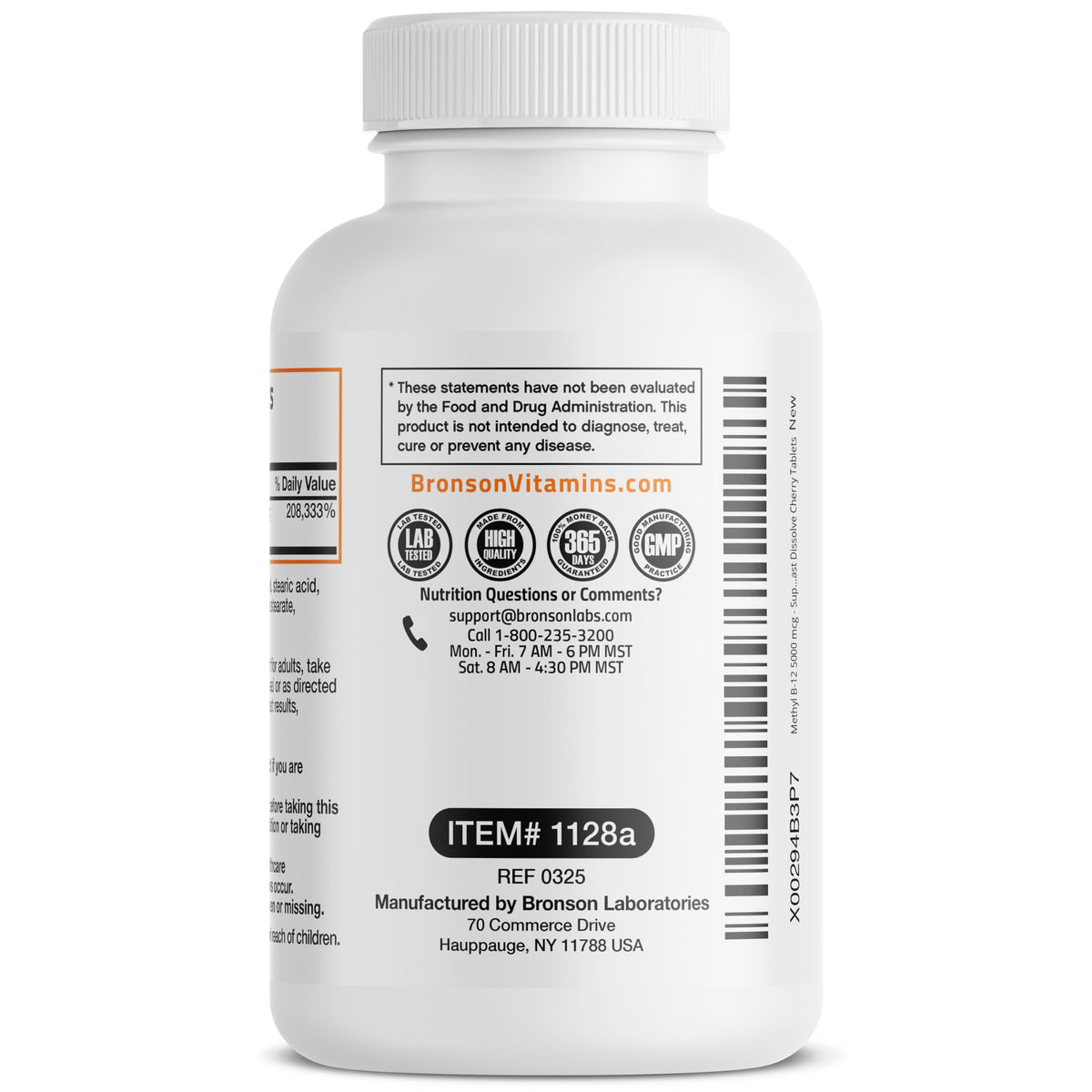 Bronson Methyl B12 5000 mcg comprimés sublinguaux, arrière de l'emballage