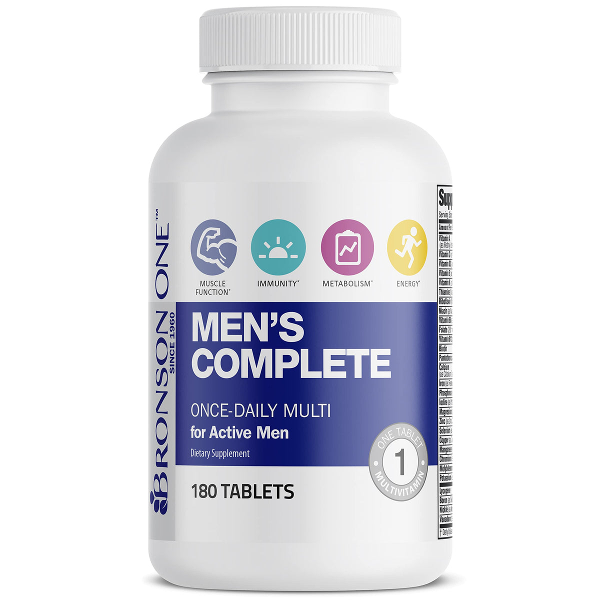 Bronson Multivitamine Complète Homme 180 comprimés, comprimés sur une table
