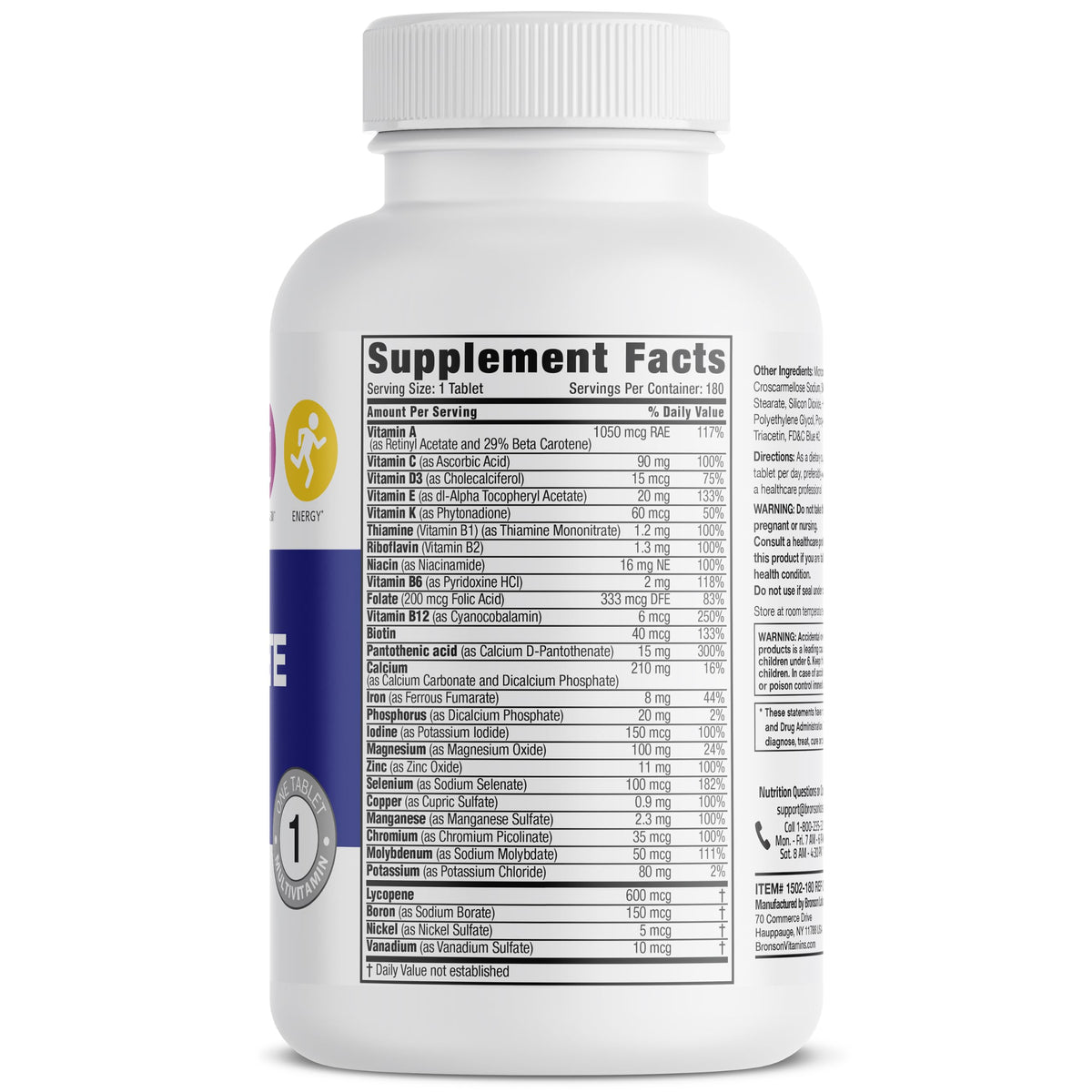 Bronson Multivitamine Complète Homme 180 comprimés, vue arrière