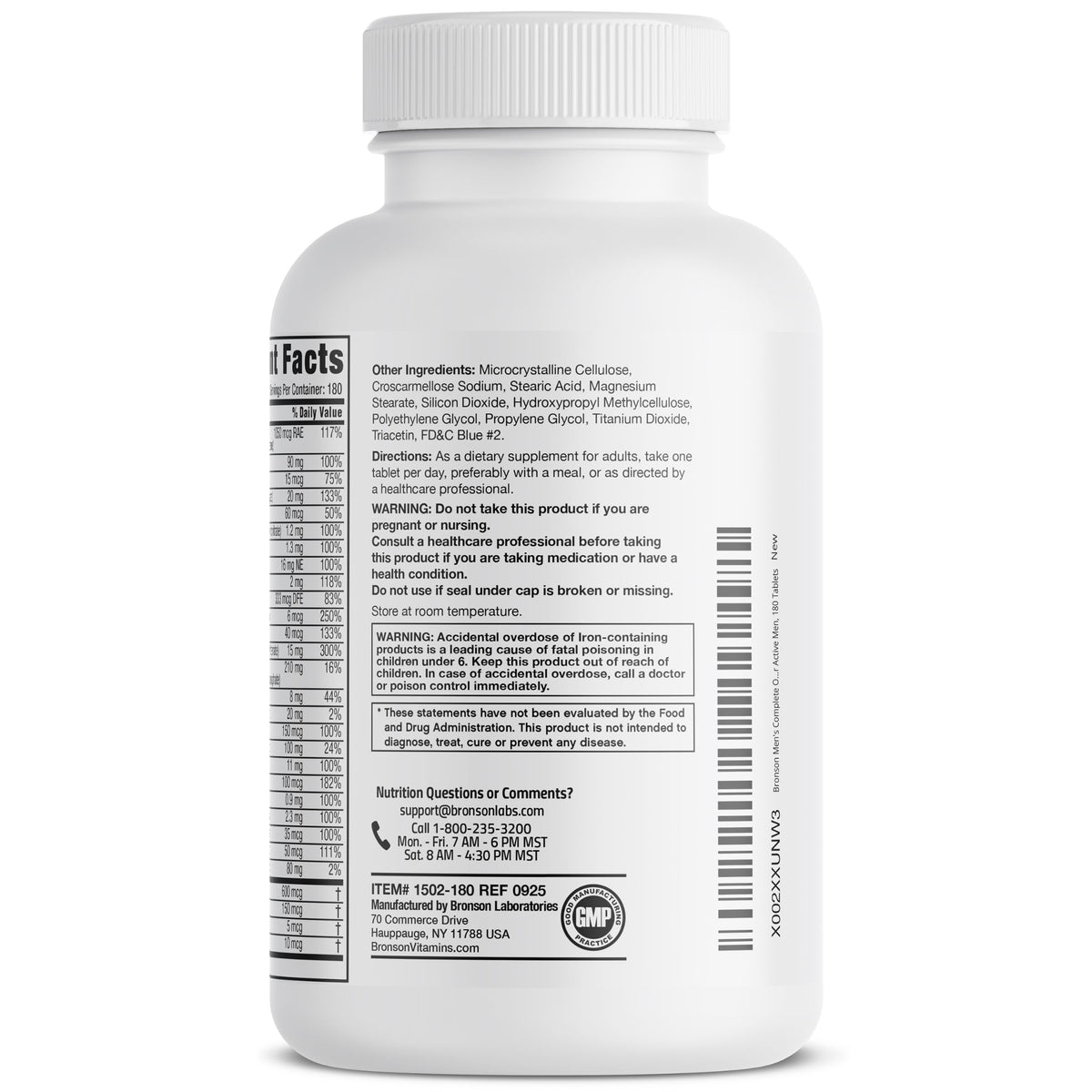 Bronson Multivitamine Complète Homme 180 comprimés, vue latérale