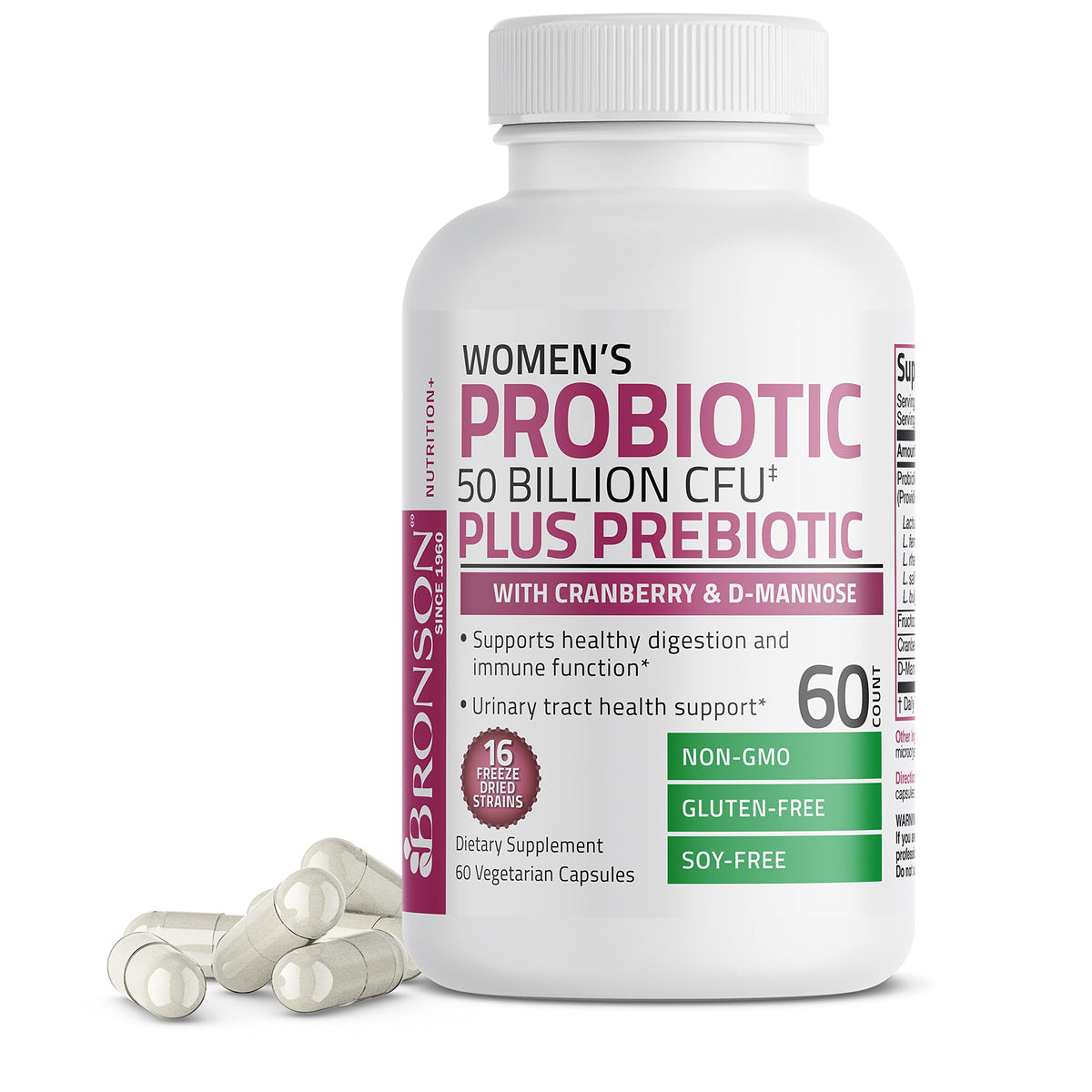 Bronson Probiotiques Femmes 50 Milliards CFU 60 Capsules Végétariennes - mise en scène sur une table