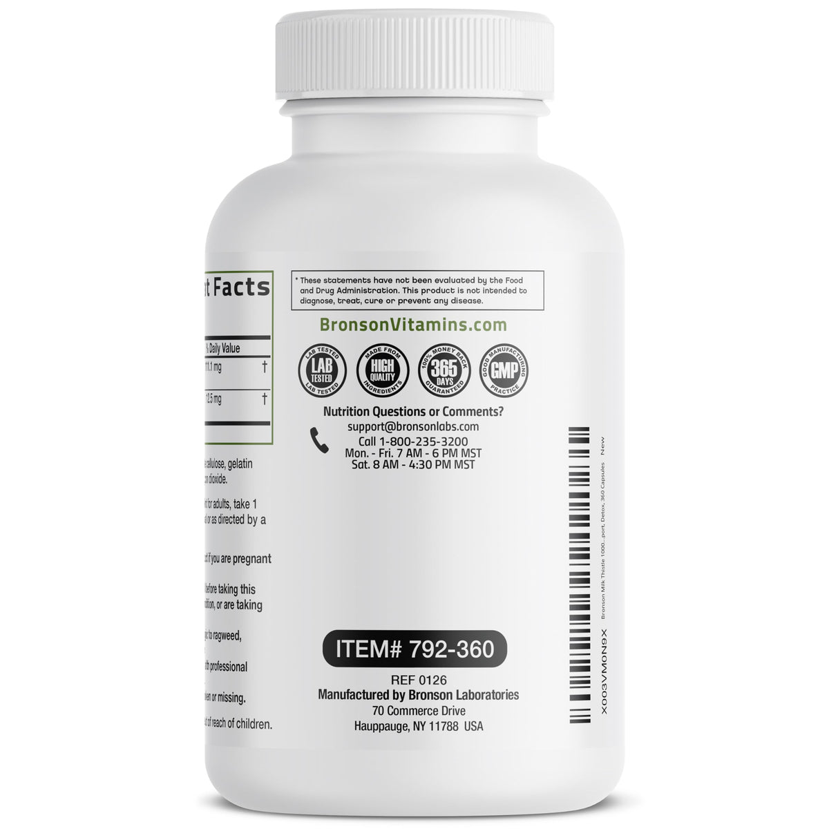 Bronson Silymarin Marianum 360 capsules sur une table en bois