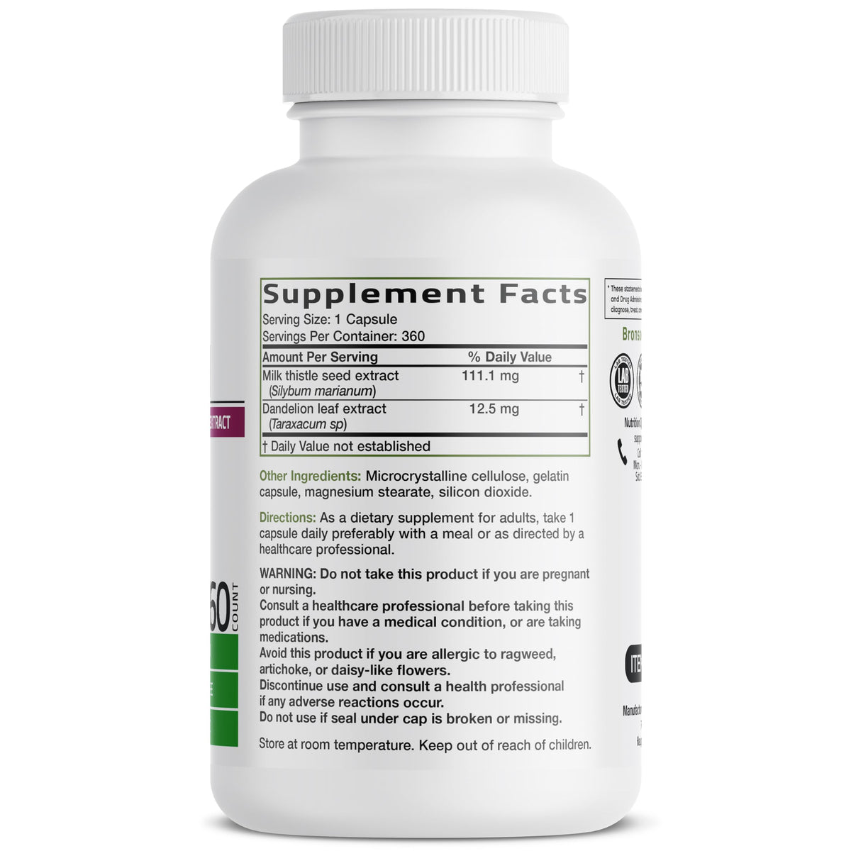 Bronson Silymarin Marianum 360 capsules vue arrière de l'emballage
