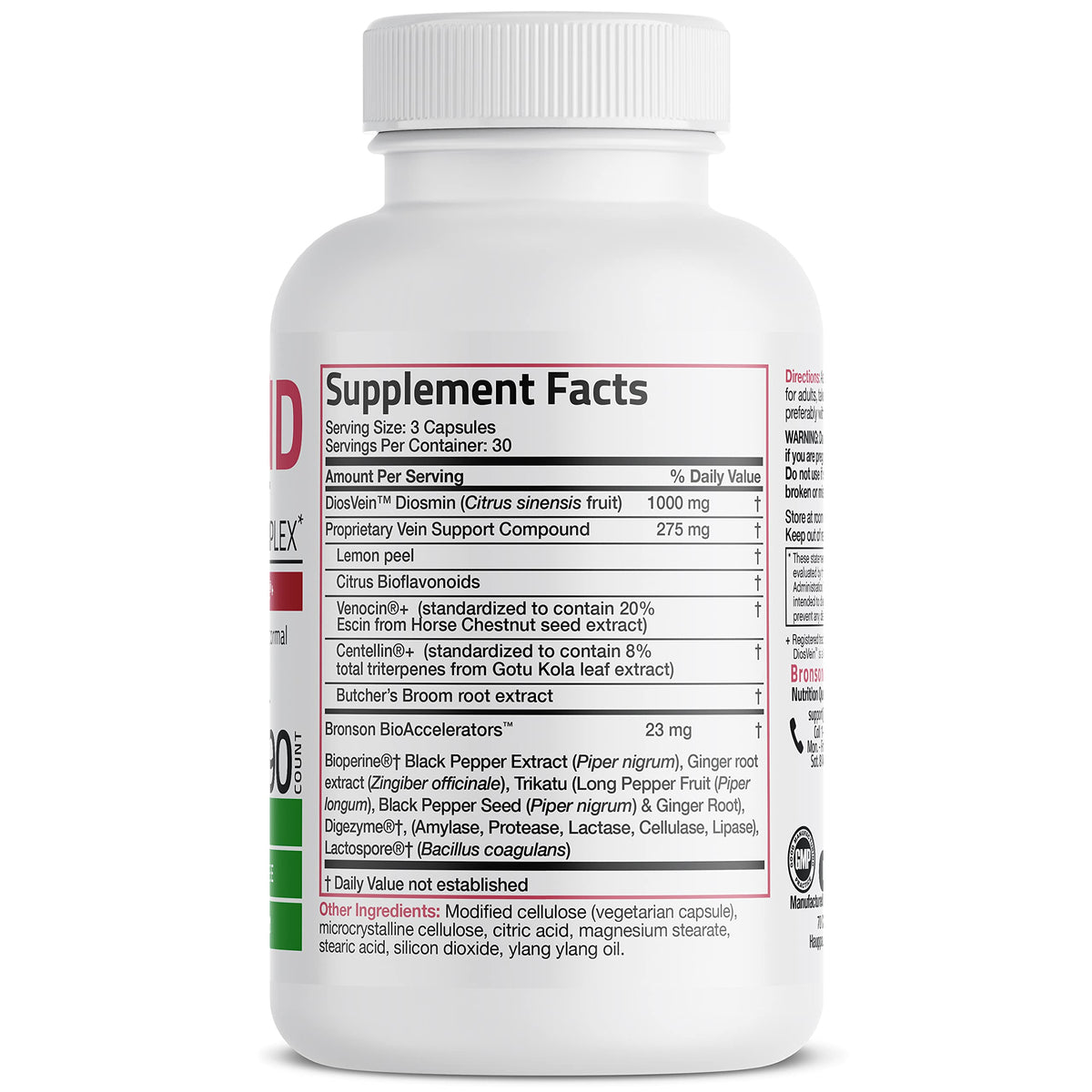 Bronson VeinAid 1000 mg capsules végétariennes, vue de l'arrière