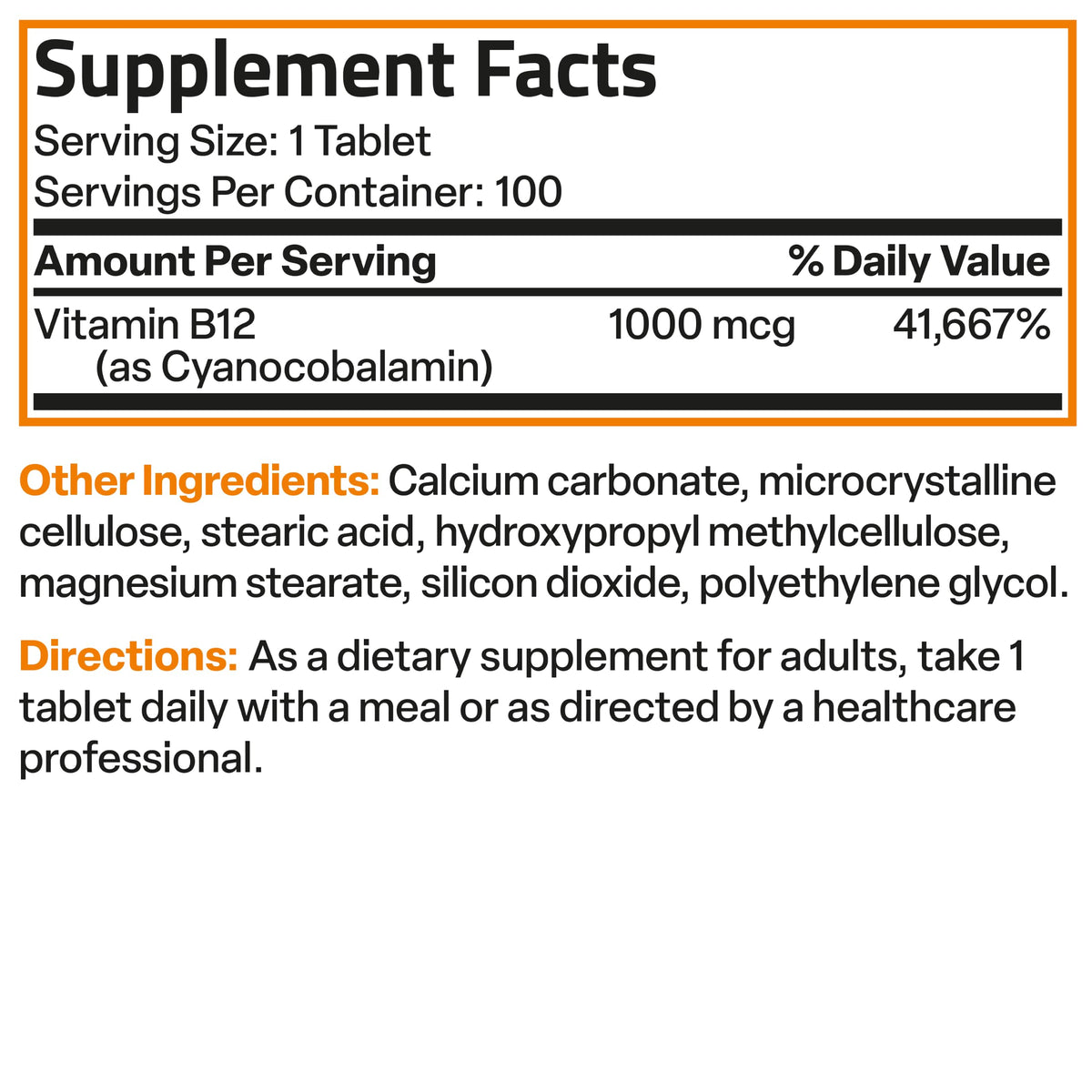 Bronson Vitamine B12 1000 mcg comprimés avec une étiquette détaillée