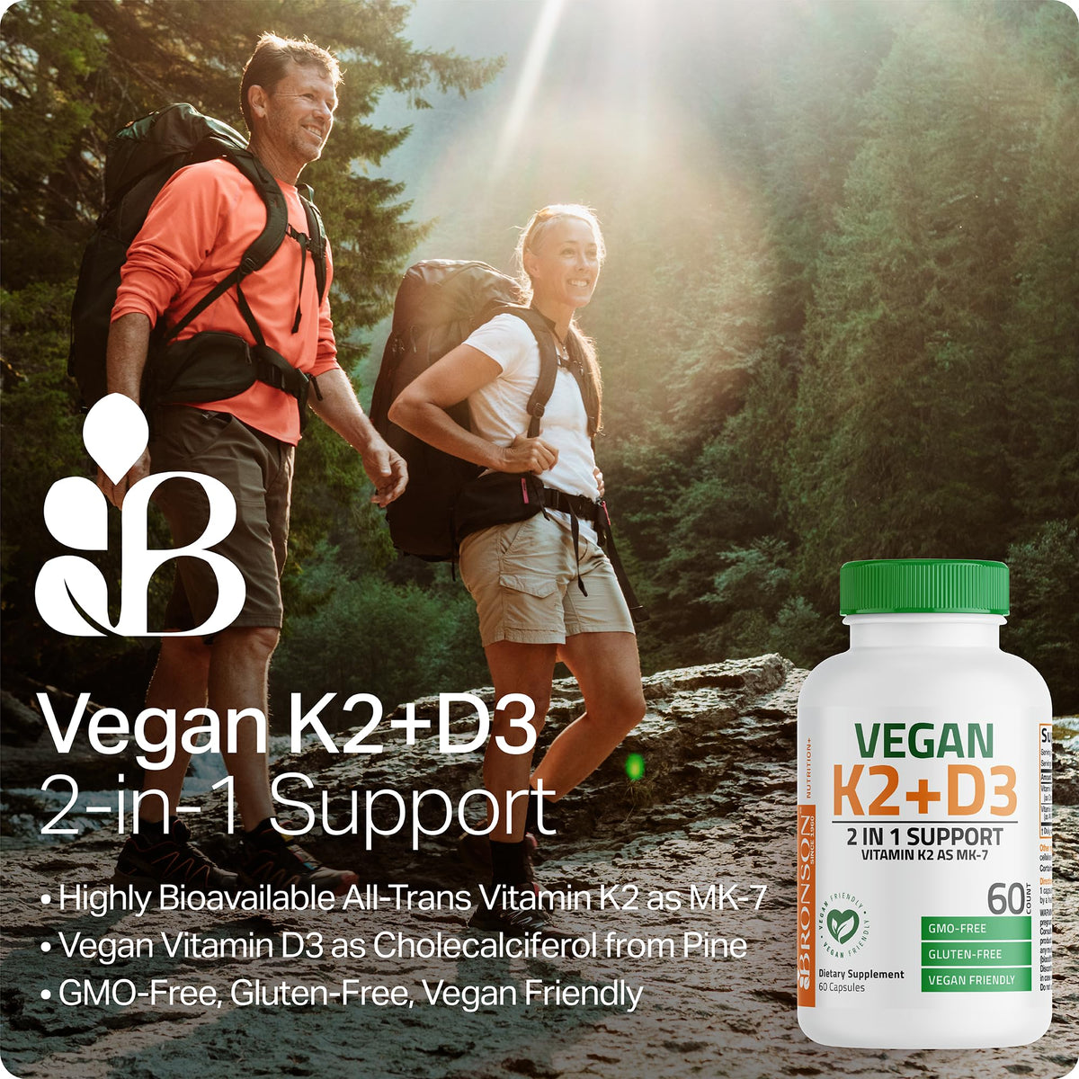 Bronson Vitamine K2 + D3 Végane 250 Capsules, ouverte avec capsules visibles