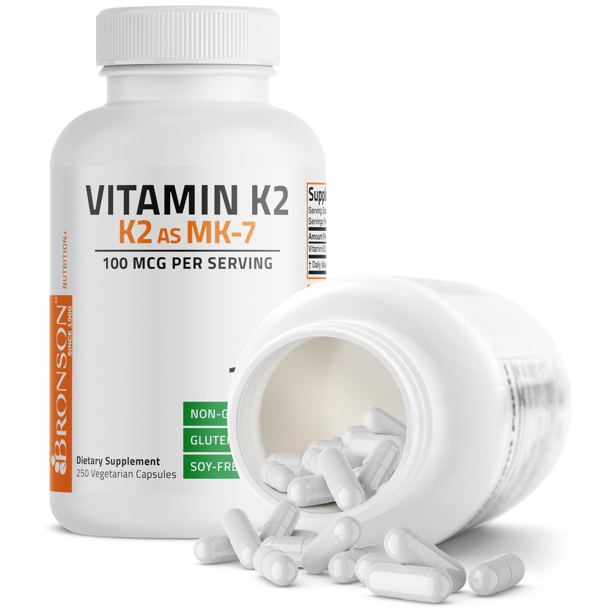 Bronson Vitamine K2 MK-7 100 mcg capsules avec verre d'eau
