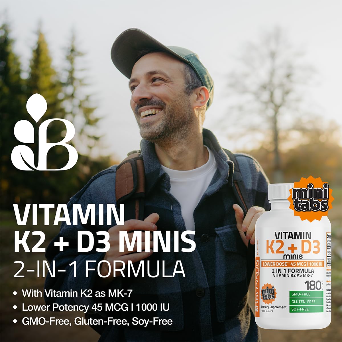 Bronson Vitamine K2 MK-7 45 mcg + D3 1000 IU 180 mini comprimés avec emballage