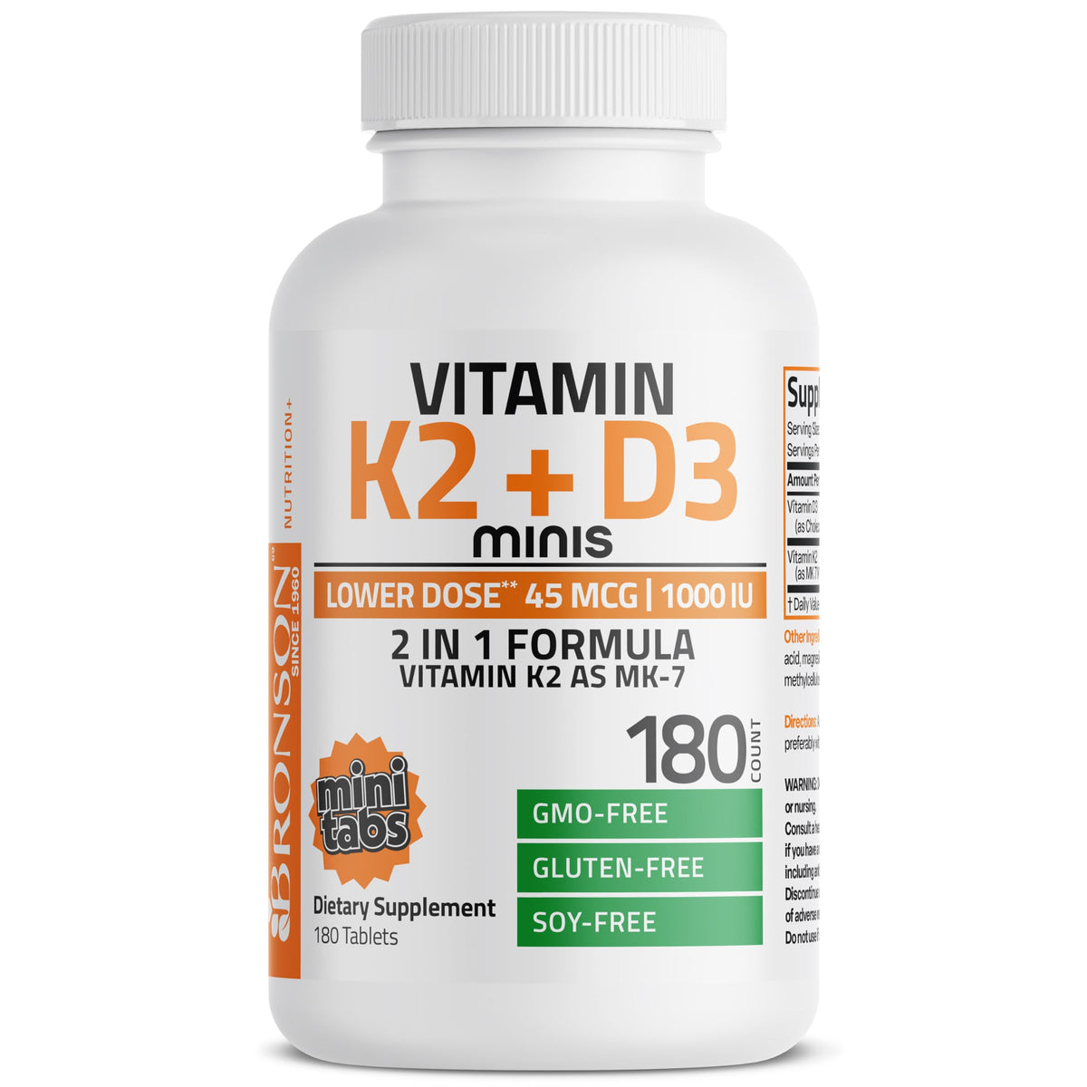 Bronson Vitamine K2 MK-7 45 mcg + D3 1000 IU mini comprimés sur une table