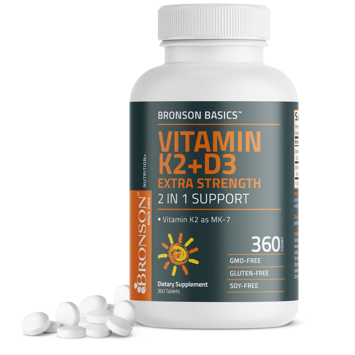 Bronson Vitamine K2 MK-7 + D3 10 000 UI 360 comprimés vue avant