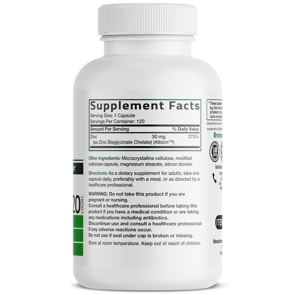 Bronson Zinc Glycinate 30 mg Capsules 120, étiquette des ingrédients