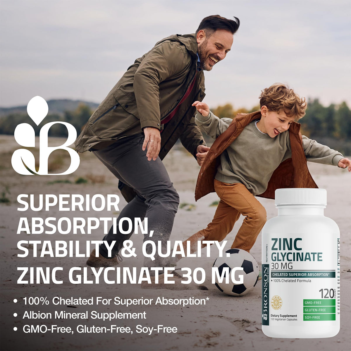 Bronson Zinc Glycinate 30 mg Capsules 120, vue de côté