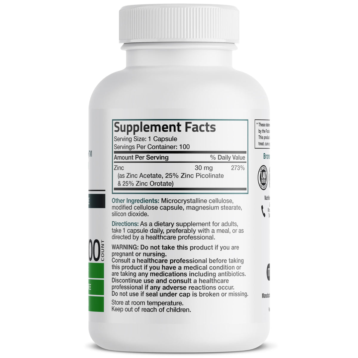 Bronson Zinc Triple Play 30 mg 100 Capsules side view
