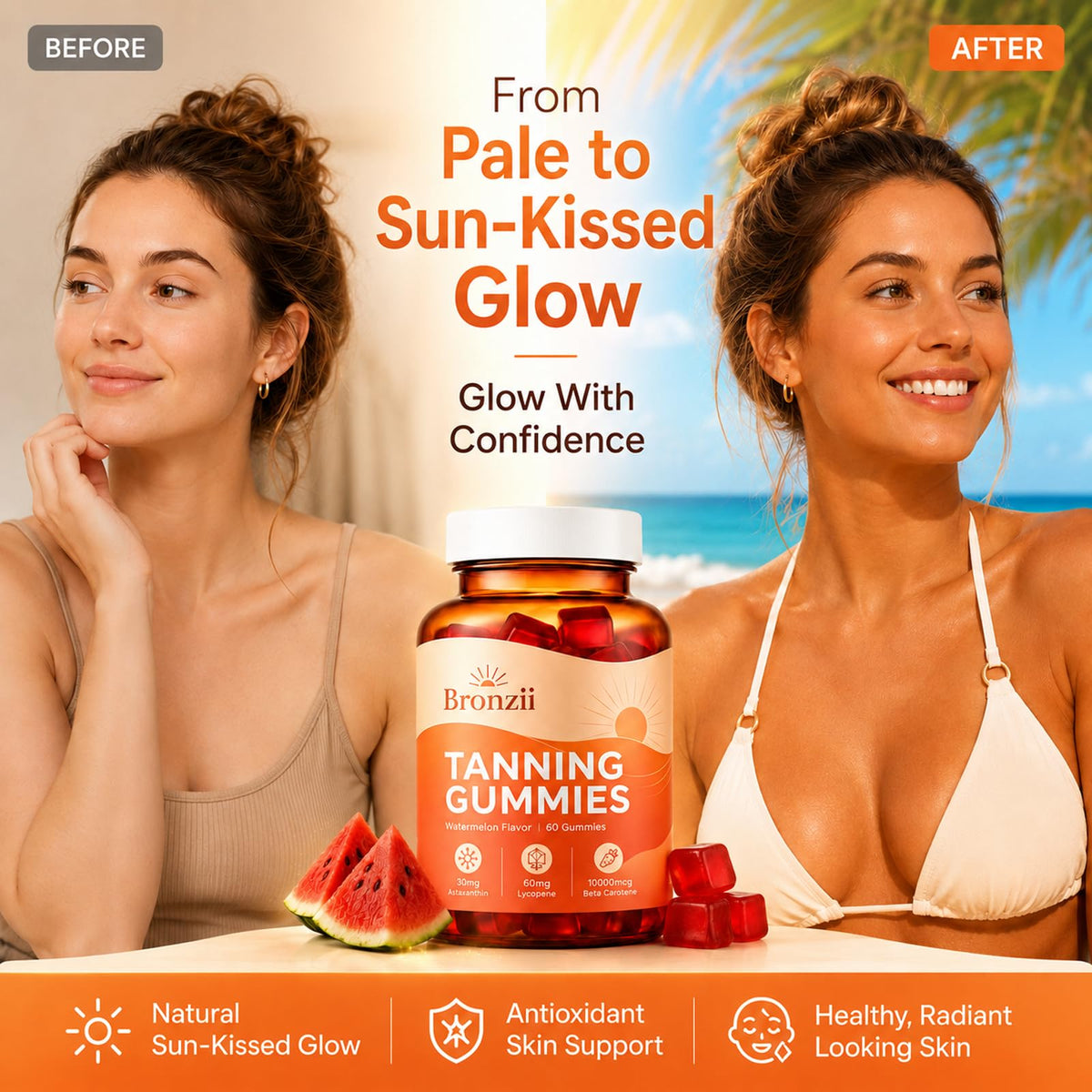 Bronzii Tanning Gummies ouvertes montrant les gommes