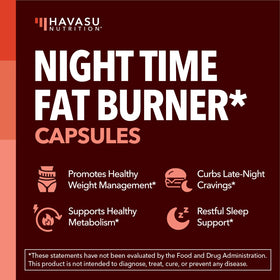Brûleur de graisse nocturne HAVASU NUTRITION avec ingrédients sur l'étiquette