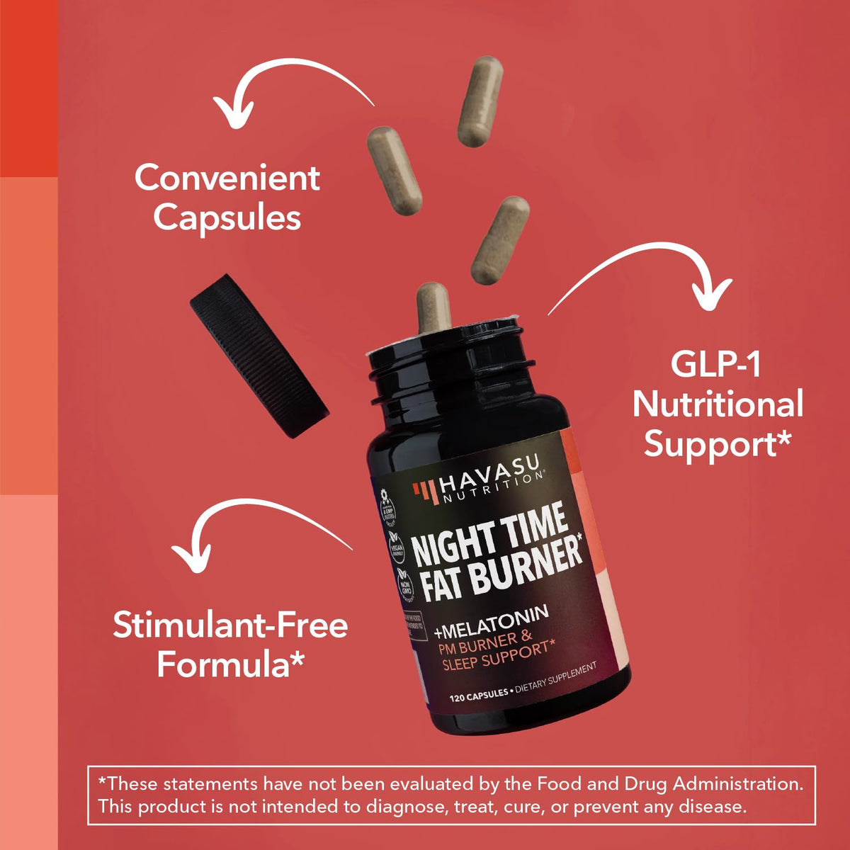 Brûleur de graisse nocturne HAVASU NUTRITION, étiquette détaillant les ingrédients
