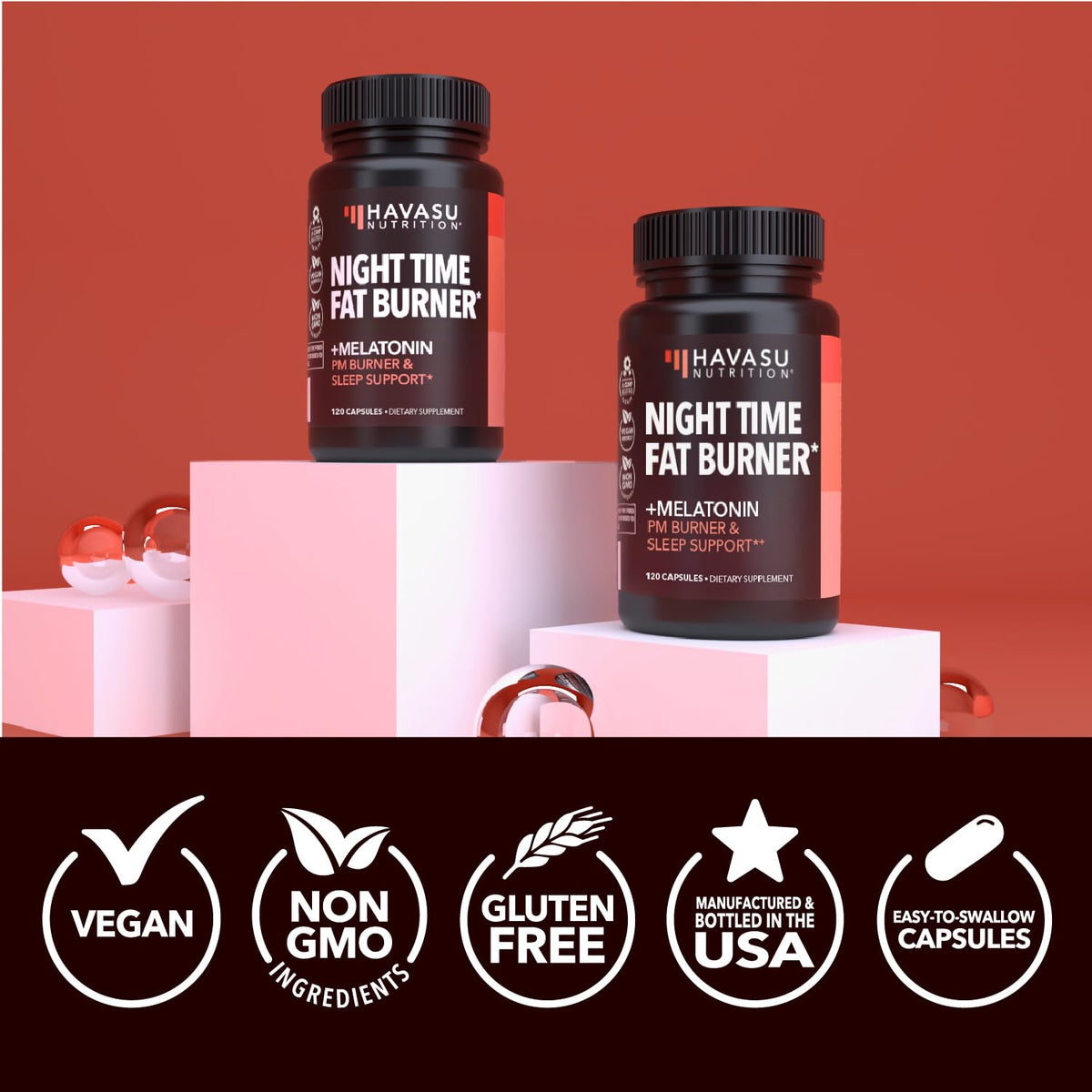 Brûleur de graisse nocturne HAVASU NUTRITION, flacon avec arrière-plan naturel