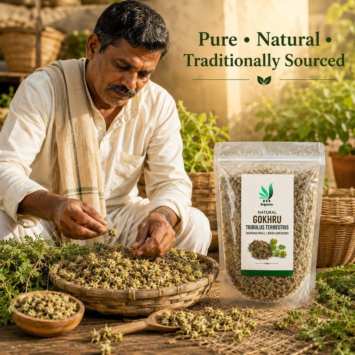BSD Organics Gokhru Tribulus Terrestris 50g dans un verre d'eau
