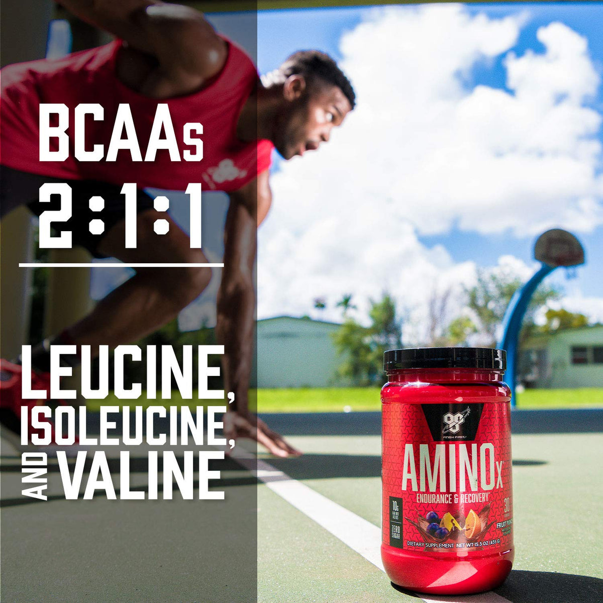 BSN Amino X Poudre BCAA Framboise Bleue sur une table de gym
