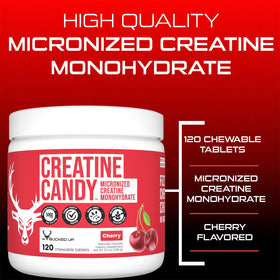 Bucked Up Creatine Candy Cerise avec ingrédients sur une table