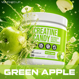 Bucked Up Creatine Candy Pomme Verte, comprimés à côté d'une pomme verte
