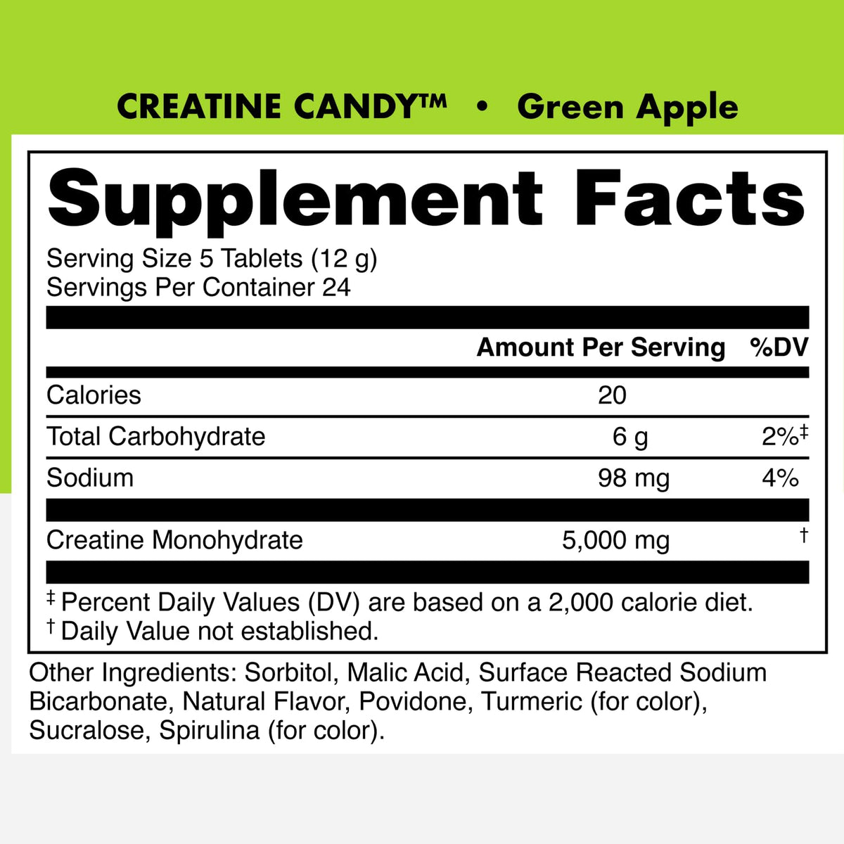 Bucked Up Creatine Candy Pomme Verte, prise en main avec un comprimé