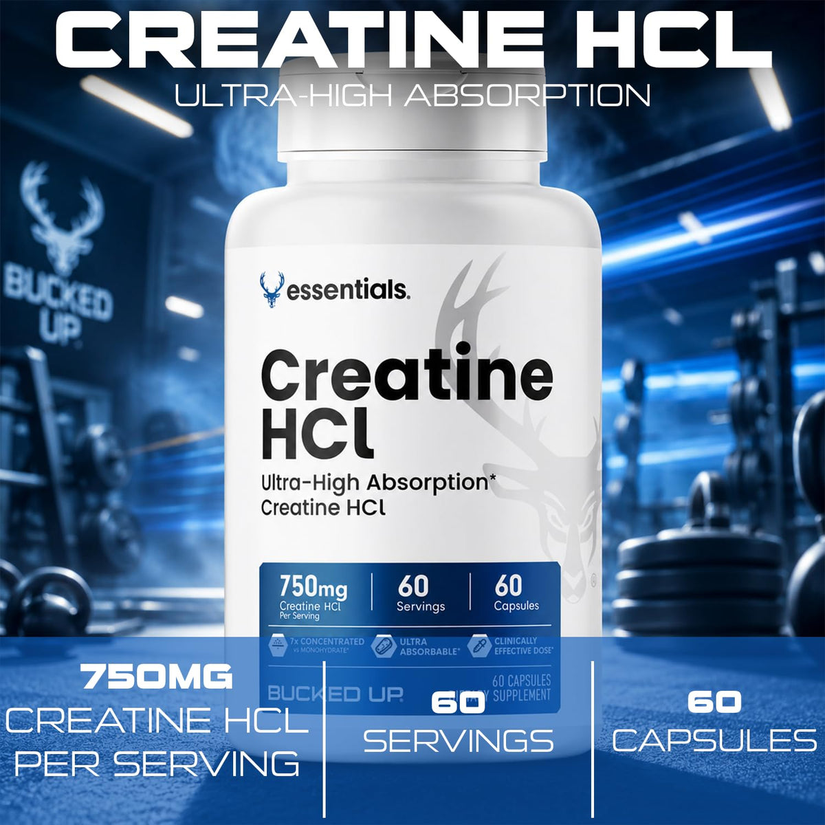 Bucked Up Créatine HCL capsules sur surface blanche