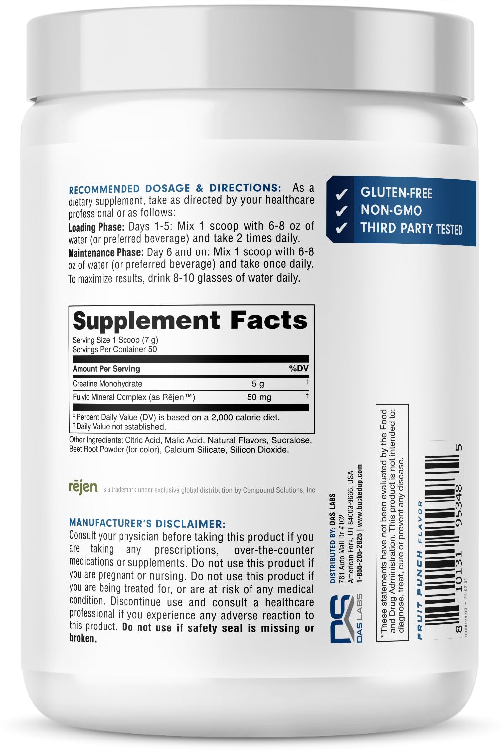 Bucked Up Créatine Monohydrate 250g étiquette et informations nutritionnelles