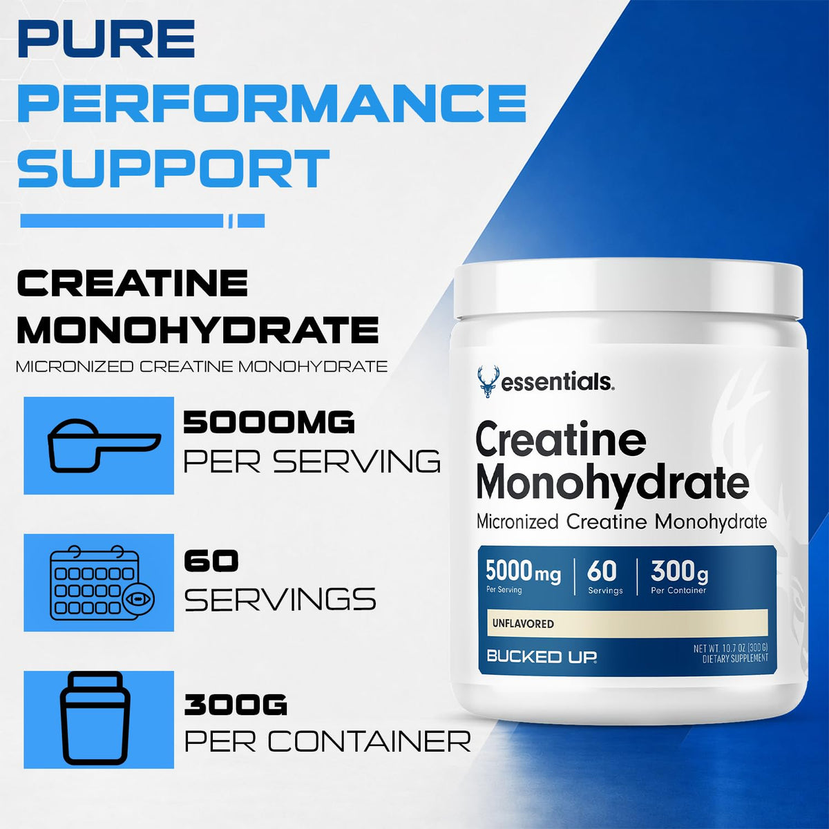 Bucked Up Créatine Monohydrate 300g sur un fond de salle de sport