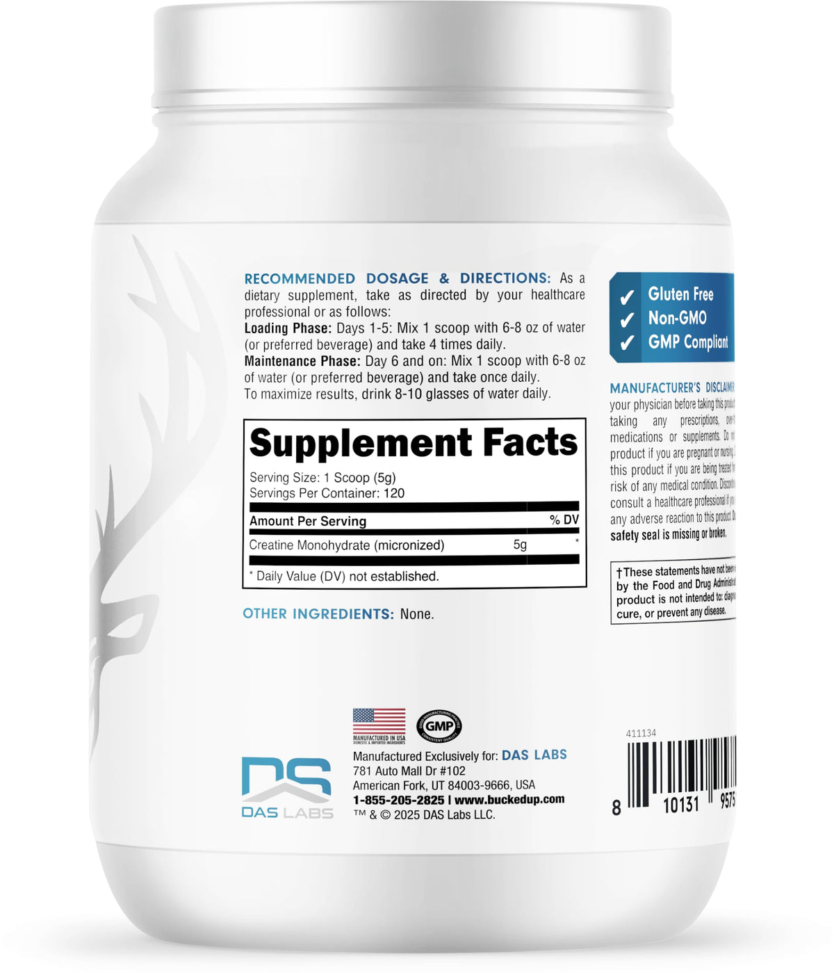 Bucked Up Créatine Monohydrate 600g à côté d'un shaker