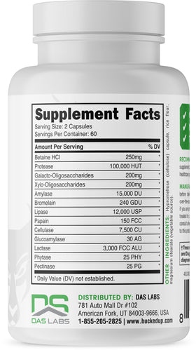 Bucked Up multi-enzymes flacon ouvert avec capsules visibles