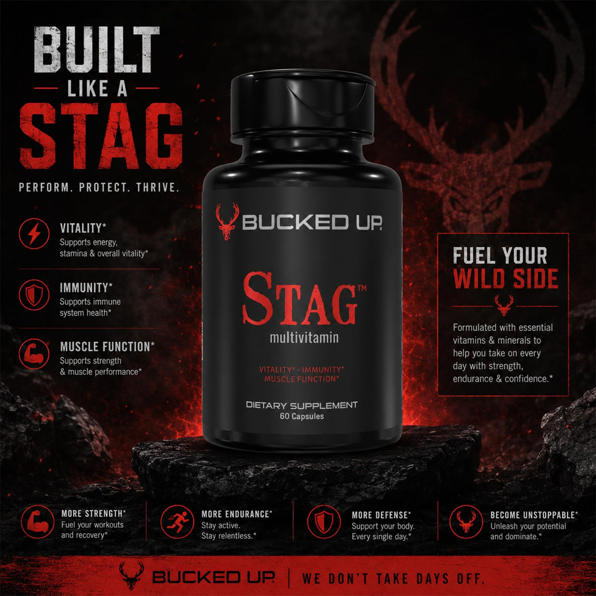 Bucked Up Multivitamines Stag sur un bureau avec des accessoires de fitness