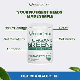 Bucked Up Poudre Superfoods Verts 327g dans un verre d'eau