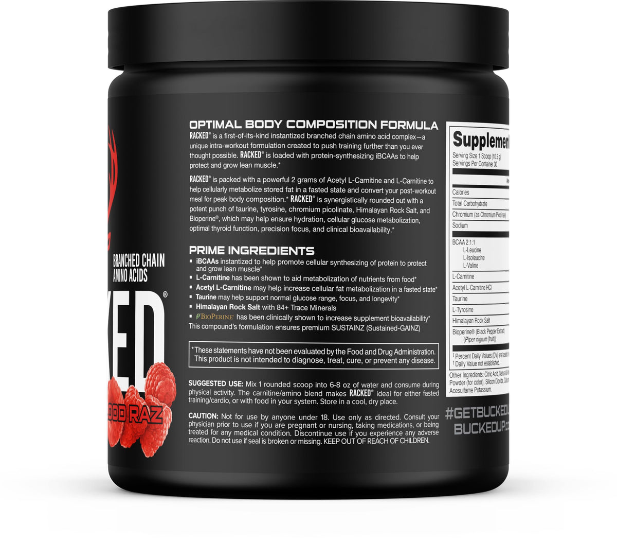 Bucked Up Racked Blood Raz BCAA 2-1-1 408g scoop with powder