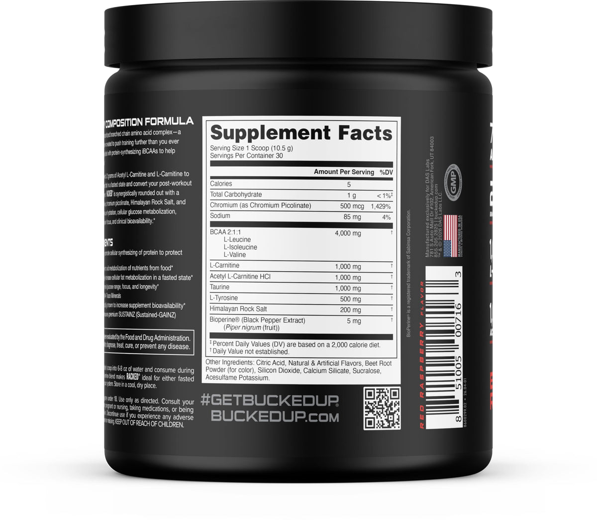 Bucked Up Racked Blood Raz BCAA 2-1-1 408g side view