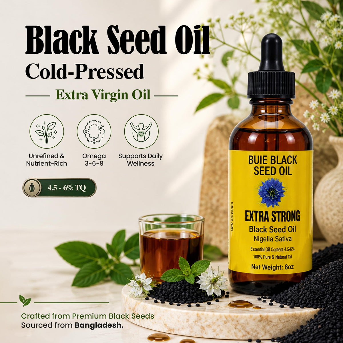 BUIE Huile de Nigelle Bio 8 Fl Oz avec étiquette détaillée