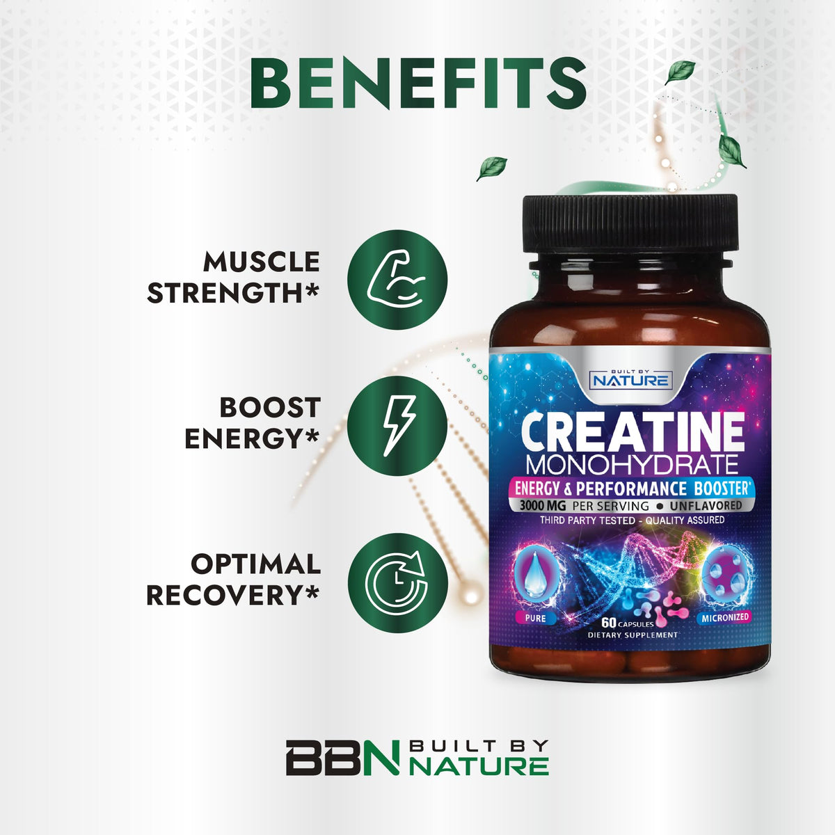 Built by Nature Créatine Monohydrate Capsules 60 unités avec des capsules visibles