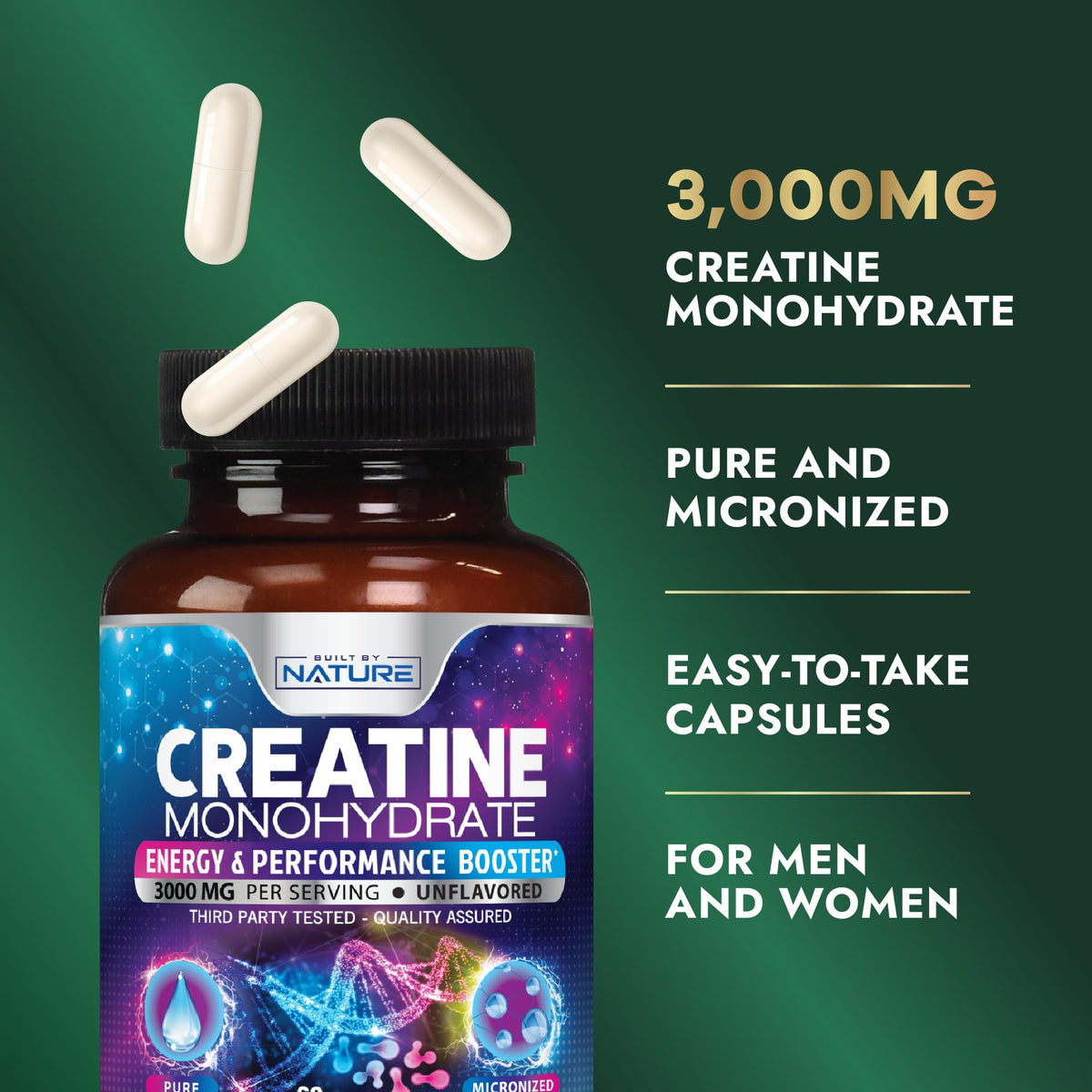 Built by Nature Créatine Monohydrate Capsules 60 unités vue de côté