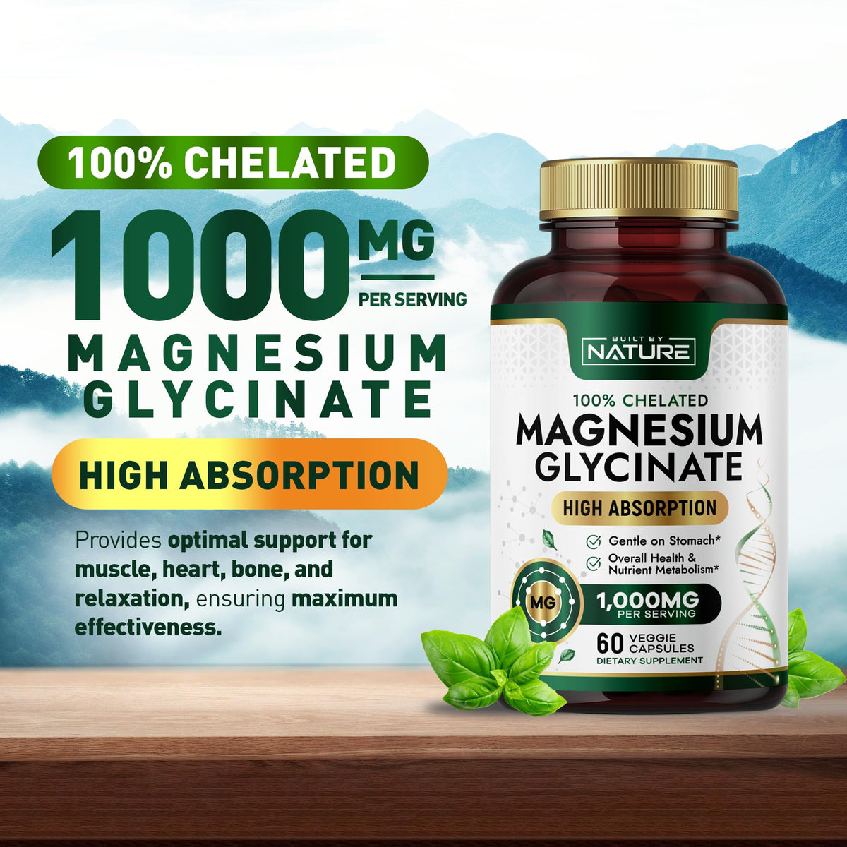 Built by Nature Magnésium Glycinate 1000mg packaging side view