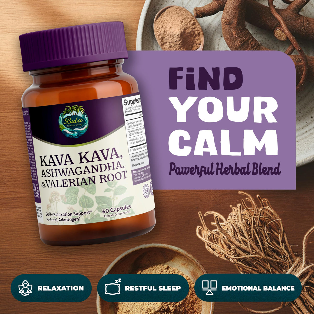 BULA NATURAL LIVING Kava Kava Capsules 200mg capsules individuelles